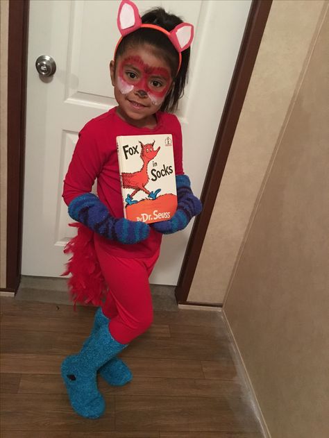 Dr. Seuss costumes Fox in socks Dr Sues Costumes, Cat In The Hat Character Day, Fox In Sox Costume, Dr Seuss School Costumes, Dr Sues Costumes Diy, Dr Suess Halloween Costume, Dr Suess Book Character Costumes, Dr Sues Characters Costumes, Dr Seuss Customes Ideas Diy