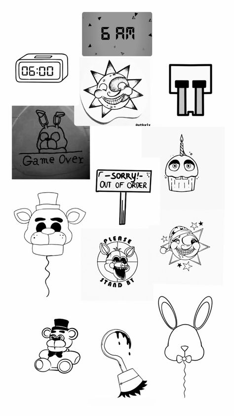 *NOT MY DESIGNS* Fnaf Flash Tattoo, Fnaf Tattoos Ideas, Fnaf Tattoo Ideas Foxy, Simple Fnaf Tattoos, Chibi Tattoo Ideas, Videogame Tattoo Ideas, Fran Bow Tattoo, Five Nights At Freddy's Drawing, Five Nights At Freddy's Tattoo