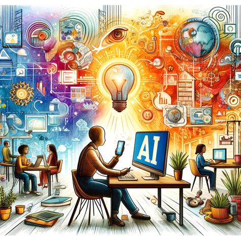 A vibrant and modern illustration of a person from a diverse background using an AI-powered device in a creative, nature-integrated workspace, symbolizing empowerment and technological inclusivity. Technological Development In India, Technology Development In India Drawing, Digital Education Poster, Digital India Drawing, Developed India, Technology Pictures, Technology Drawing, Technology Poster, Technology Aesthetic