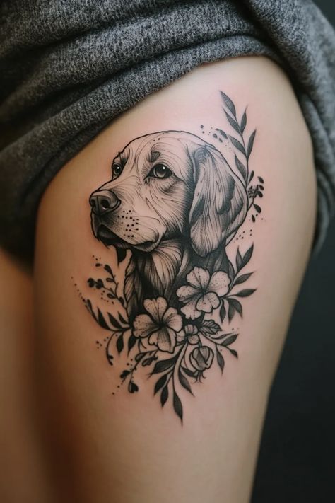 Labrador Tattoo Ideas Black Labrador Tattoo Ideas, Portrait Dog Tattoo, Forearm Dog Tattoo, Realistic Dog Portrait Tattoo, Labrador Dog Tattoo, Labrador Tattoos, Dog Print Tattoo Ideas, Chai Tattoo, Labrador Tattoo Ideas