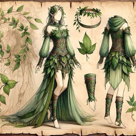 Dryad Outfit, Eladrin Aesthetic, Druid Outfit Design, Druid Clothes, Druid Character Design, Tree Cosplay, Druid Outfit, Fae Outfit, Dryad Art