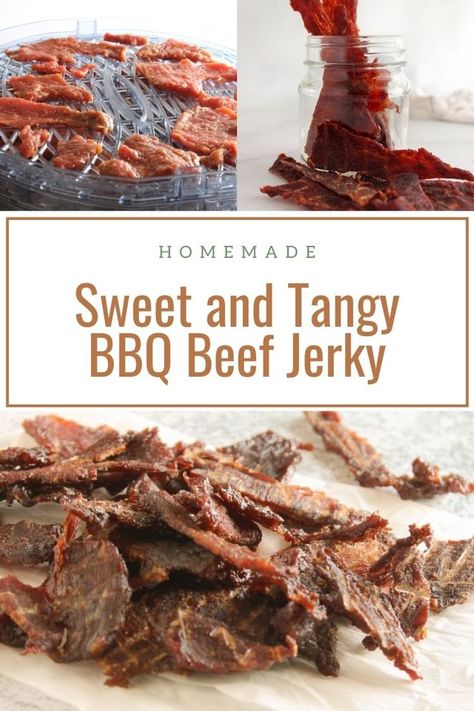 Sweet and Tangy BBQ Beef Jerky in a glass jar Sweet Deer Jerky Recipe, Sweet Beef Jerky Recipe, Homemade Teriyaki Beef Jerky, Dehydrator Beef Jerky, Beef Jerky Recipe Oven, Jerky Seasoning Recipe, Easy Beef Jerky, Teriyaki Beef Jerky Recipe, Jerky Marinade Recipes