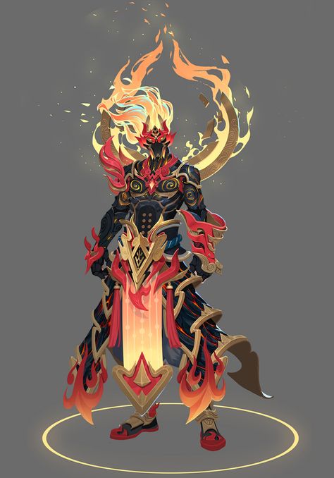 Fire Beast Art, Air Spirit Character Design, Fire Characters Design, Fantasy Spirit Art, Fire Monster Concept Art, Fire Themed Character Design, Dnd Fire Elemental, Fire Armor Concept Art, Fire God Character Design