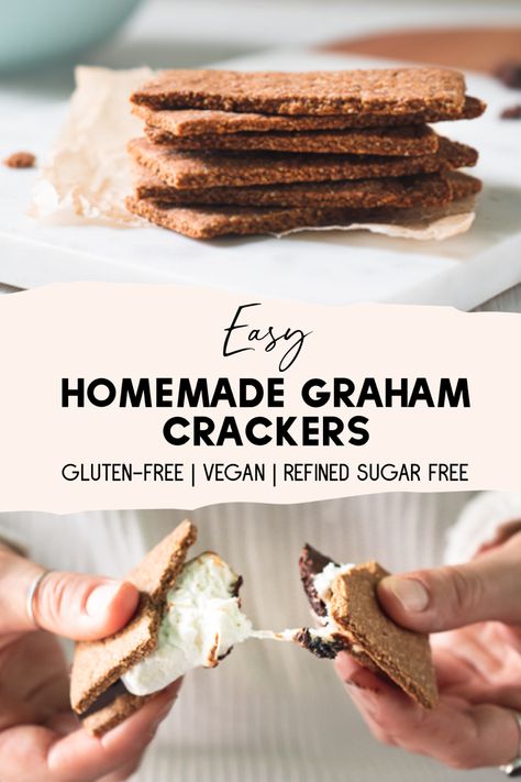 A stack of homemade Graham crackers sitting on a white cutting board with a bowl of marshmallows behind and chocolate crumbs in front. Underneath is a pink brush stroke banner with the words “Easy Homemade Graham Crackers. Gluten-Free, vegan, refined sugar free.” Underneath the banner is an ooey-gooey s’more being broken in half. Diy Graham Crackers, Gluten Free Graham Cracker Recipe, Vegan Graham Crackers, Healthy Graham Crackers, Graham Flour, Graham Cracker Recipes, Gluten Free Graham Crackers, Vegan Marshmallows, Gluten Free Crackers