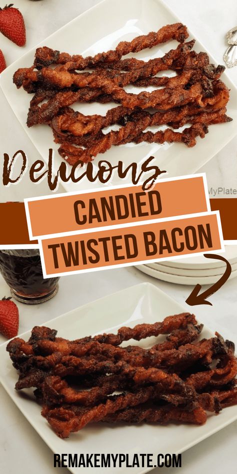 Just when you thought bacon couldn't get any more delicious along comes this candied twisted bacon recipe. #twistedbacon #candiedbacon #bacon #baconrecipe #remakemyplate Twisted Bacon, Candied Bacon Recipe, Bacon Appetizers, Bacon Recipe, American Recipes, Appetizers Easy Finger Food, Candied Bacon, Finger Foods Easy, Bacon Recipes