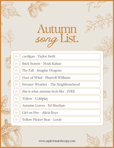 Create your perfect fall aesthetic playlist for teens in your Spotify, for your Instagram story, or to inspire you to write your own autumn song. These song ideas can be a helpful place to start when coming up with music therapy intervention ideas for teens or young adults this season! Songs For Autumn, Fall Songs For Instagram Story, Fall Aesthetic Playlist, November Songs, November Playlist, Autumn Songs, Music Therapy Interventions, Autumn Playlist, October Song