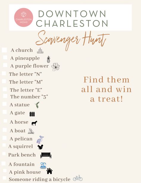 A Downtown Charleston Scavenger Hunt for Kids! (FREE Printable) Downtown Scavenger Hunt, Diy Scavenger Hunt, Downtown Charleston Sc, Scavenger Hunt Birthday, Independent Bookstore, Photo Scavenger Hunt, Stop And Shop, Spirit Airlines, Team Bonding