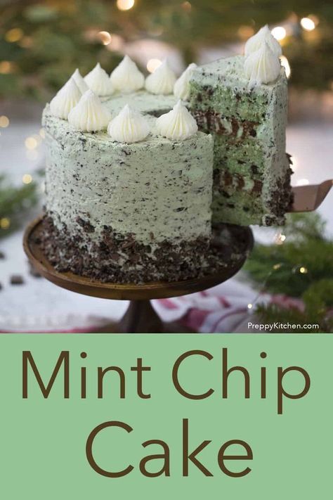 A delicious mint chip cake from Preppy Kitchen wrapped in a divine minty buttercream chock full of dark chocolate chunks with a two tone frosting inside! #bestcakes #mintchipcake #mintchocolatecake Mint Chip Cake, Two Tone Frosting, Mint Chocolate Chip Cake, Mint Desserts, Mint Chocolate Cake, Mint Cake, Cake Wraps, Preppy Kitchen, Chocolate Chip Cake