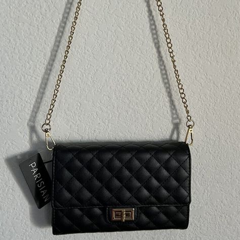 Parisian Small Crossbody Bag In Black Color Brand New With Tags! Gold-Tone Hardware Quilted Faux Leather In Black Color Turn Lock Closure Can Be Converted To A Clutch Bag Interior: 3 Compartments With 1 Zippered Pocket 6 Credit Card Slots, 1 Slip Pocket Detachable Crossbody Strap With Chain, Measures Approximate 25"L Approximate Measurements: 7.25" L X 5” H X 1” D Brand New With Tags Imported Purses Black Women, Black Purse Gold Chain, Small Black Purse Outfit, Hoco Purses, Cute Black Purse, Black Purse With Gold Chain, Black Purse Outfit, Black And Gold Purse, Black Mini Purse