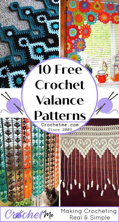 10 Free Crochet Valance Pattern - crochet window valance - crochet kitchen curtains Crochet Curtains Free Pattern Easy, Knitted Curtains Free Pattern, Crochet Window Hanging, Crochet Curtains Free Pattern Vintage, Crochet Shower Curtain, Crochet Lace Curtains Free Pattern, Crochet Door Curtains Free Pattern, Crochet Valence, Crochet Window Decoration