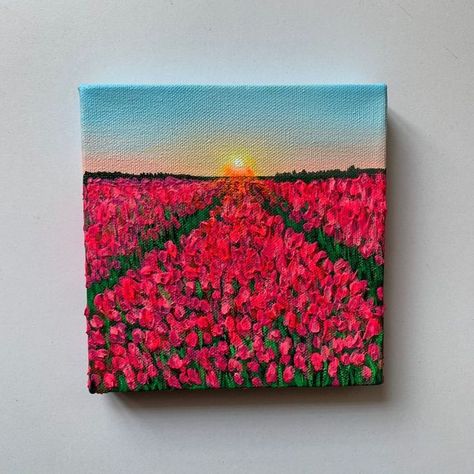 Easy Painting Small Canvas, Set Of 4 Canvas Painting Ideas, Tulip Painting Acrylic Easy, Happy Painting Ideas, Tulip Field Painting, Small Canvas Painting, Mini Toile, Tulip Painting, Small Canvas Paintings