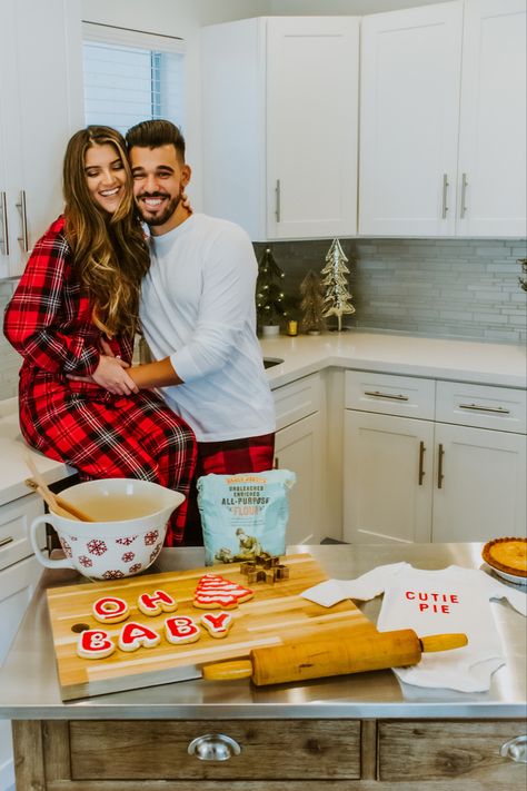 Christmas Half Baked Pictures, Kitchen Baby Announcement, Christmas Themed Baby Announcement, Baking Announcement, Cooking Pregnancy Announcement, Christmas Themed Pregnancy Announcement, Twin Announcement Photoshoot, Christmas Second Baby Announcement, Baking Maternity Shoot