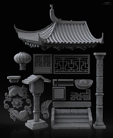 ArtStation - Chinese pack, YURIY ROMANYK Chinese Buildings, Chinese House, Ancient Chinese Architecture, China Architecture, Chinese Element, Japan Architecture, Asian Architecture, Ancient Greek Architecture, Chinese Architecture