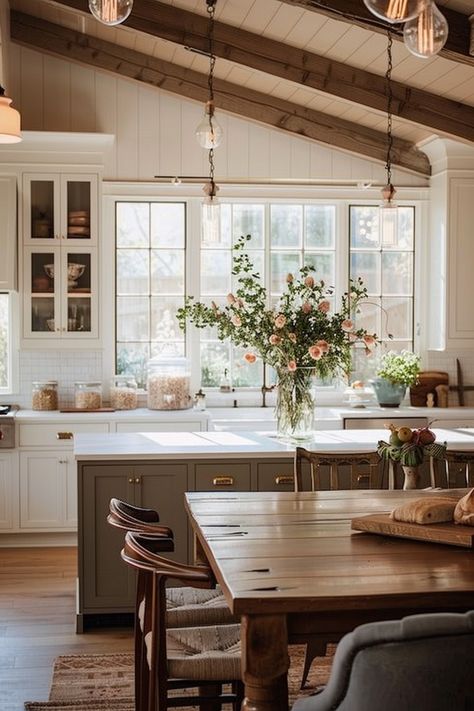 Illuminate Your Dining Area with Farmhouse Kitchen Lighting - Quiet Minimal Farmhouse Kitchen With Breakfast Nook, Minimal Country Kitchen, Cottage Kitchen Island Ideas, Table Next To Island, Modern Farmhouse Decor Dining Room, Elegant Farmhouse Kitchen, Modern Rustic House, Modern Farmhouse Interior, French Country Kitchen Designs