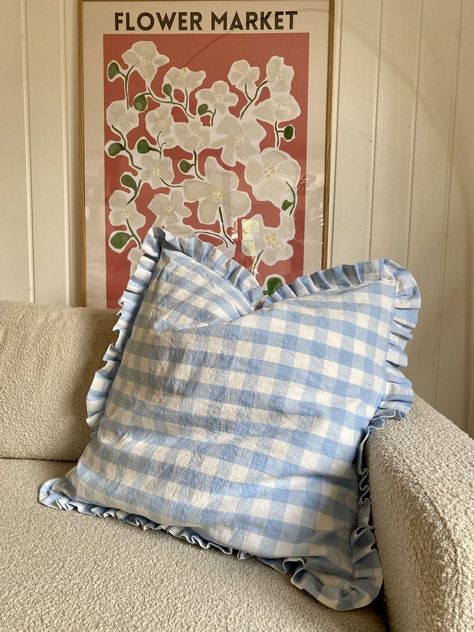 DIY Ruffled Cushion Cover — Sewing Patterns by Masin Gingham Cushion Covers, Ruffle Pillow Case, Sewing Ruffles, Blue Buffalo Check, No Sew Pillow Covers, Diy Ruffle, Buffalo Check Pillows, Sewing Guide, Quilted Pillow Covers