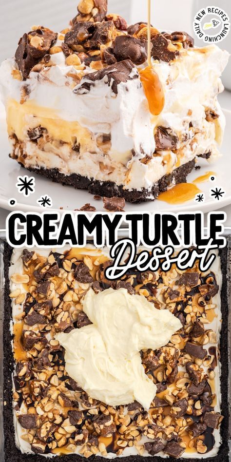 Stripped Delight Dessert, Layered Ice Cream Desserts, Cream Cheese And Pudding Desserts, Turtle Lush Dessert, Chocolate Layered Pudding Dessert, Turtle Lasagna Dessert, Layered Pudding Desserts, Cool Whip Dessert Recipes, Turtle Desserts