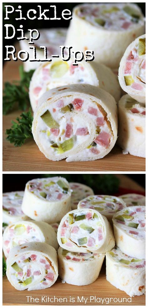 Pickle Dip Roll-Ups ~ Pickle fans, these tasty roll-ups are for you! With their classic creamy pickle dip filling, they pack great pickle flavor in every bite. Perfect for parties, snacking, game day, or even lunch. #picklediprollups #pickledippinwheels #pickles www.thekitchenismyplayground.com Lake Snacks, Cream Cheese Roll Up, Pickle Dip, Pineapple Ham, Tortilla Rolls, Roll Ups Recipes, Roll Ups Tortilla, Pinwheel Recipes, Lost 100 Pounds