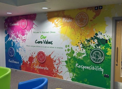 School Values Display Ideas, School Values Display, Sticker Designs Ideas, School Corridor Decoration Ideas, School Wall Decoration Ideas, Core Values Design, School Wall Graphics, Office Mural Design, Core Values Wall