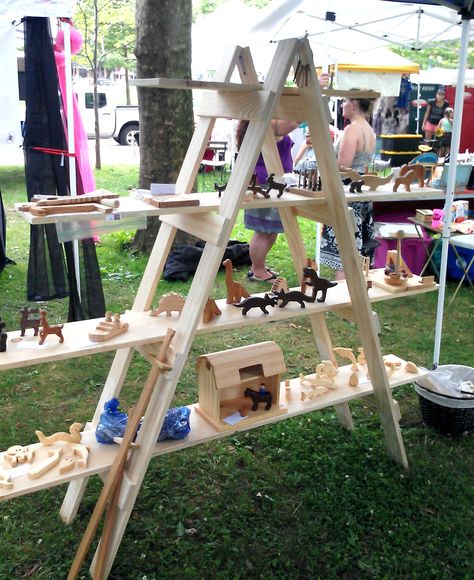 how to make portable tables for craft shows | Make Your Own Ladder Shelf for your Craft Show Display | Mama Made ... Yard Sale Hacks, Craft Show Table, Garage Sale Tips, Craft Fairs Booth, Fair Display, Craft Booth Displays, Diy Display, Craft Fair Displays, Christmas Village Display