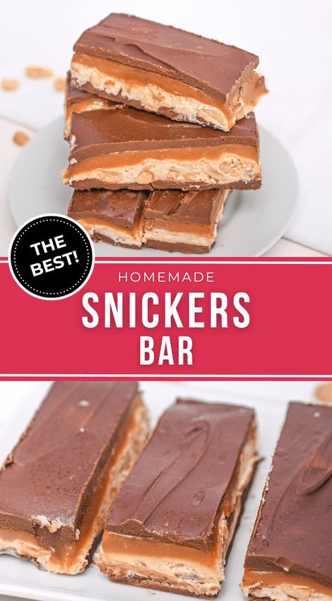 Skip a trip to the candy shop with our homemade Snickers bars. This delicious dessert tastes exactly like the candy bar, and will be an instant hit with your kids. Homemade Chocolate Candy Bars, Homemade Take 5 Bars, Home Made Snickers Bars, 100 Grand Candy Bar Recipe, Snickers Homemade, Nut Goodie, Snicker Bars, Homemade Snickers Bars, Snickers Bars Recipe