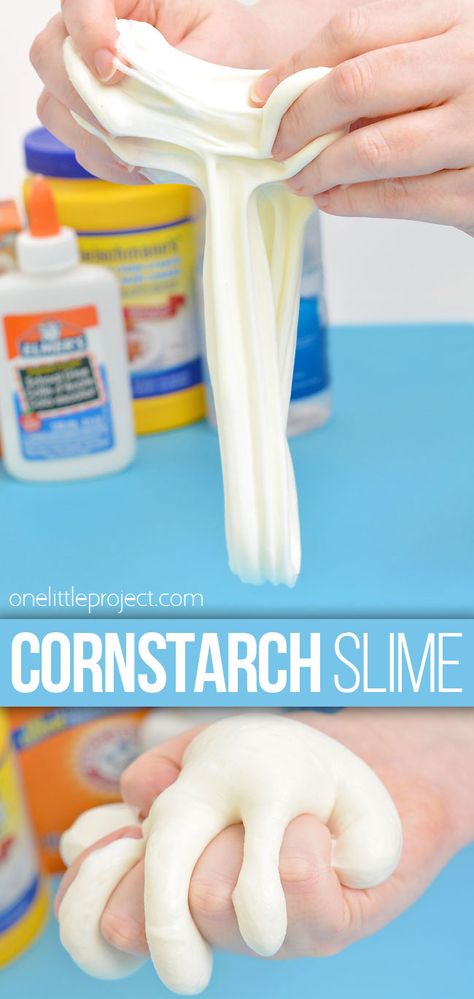 Cornstarch slime is SO MUCH FUN to play with! It's soft, squishy, and stretchy with a smooth, fluffy texture – and it's so easy to clean up! Kids can learn how to make slime with cornstarch using this easy slime recipe. Slime Made With Cornstarch, Cornstarch Slime 2 Ingredients, Slime Recipe With Cornstarch, Home Made Slime For Kids Easy, Non Toxic Slime Recipes Kids, Things To Make With Cornstarch, Cornstarch Crafts, How To Make Slime With Cornstarch, Cornstarch Slime Recipe