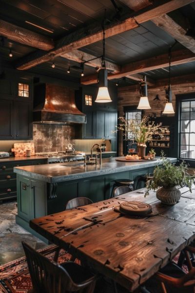 Moody House Aesthetic, Black Farmhouse Interior, Moody House Interiors, Moody Farmhouse Kitchen, Barn Style Kitchen, Log Cabin Kitchen Ideas, Modern Cabin Kitchen, Yurt Ideas, Dark Farmhouse