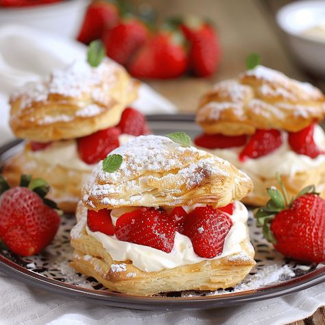 How to Make Delicious Strawberries & Cream Pastry Puffs Strawberry Cream Pastry, Strawberry Puff Pastry Dessert, Strawberry Napoleon Puff Pastries, Strawberry Puff Pastry Recipes, Strawberry Cream Puff Pastry, Strawberry Cream Puff, Cream Filled Puff Pastry, Strawberry Puff Pastry, Strawberry Cream Puffs