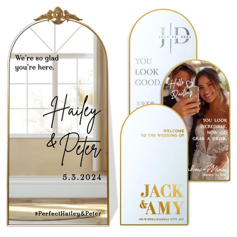 PRICES MAY VARY. Elegant Personalization: Make your wedding truly unique with our Personalized DIY Wedding Mirror Welcome Sign Decal. Customize with the bride and groom's names for a personal touch that will impress your guests and enhance your decor. High-Quality Vinyl: Crafted from premium vinyl, our custom decals feature elegant lettering that adheres smoothly to mirrors, walls, and other surfaces. Available in gold, silver, and bronze, these stickers add a luxurious touch to any event. Easy Wedding Decor With Mirrors, Wedding Welcome Mirror Full Length, Mirrors For Wedding Decor, Wedding Welcome Mirror Sign, Unique Welcome Signs Wedding, Wedding Welcome Signs Entrance, Reception Wall Decor, Welcome Sign Wedding Mirror, Wedding Entrance Decor Entryway