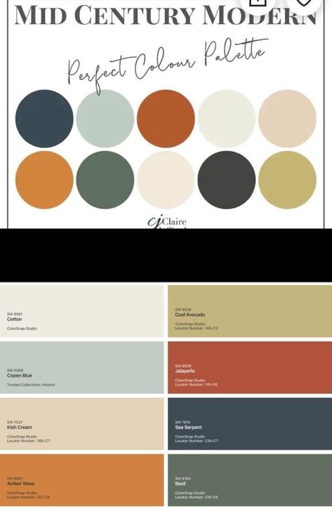 Mcm Earth Tones, Good Cabinet Colors, Mid Century Modern Wall Colors Living Rooms, Mid Century Modern Colour Scheme, 60s Paint Colors, Mid Century Eclectic Color Palette, Mcm Interior Paint Colors, Mid Century Modern Paint Colors Interior, Mid Century Bedroom Colors