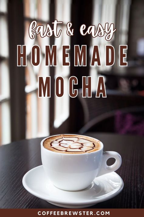 A cup of mocha with fancy latte art.  Text reads "Fast & easy Homemade Mocha. coffeebrewster.com"