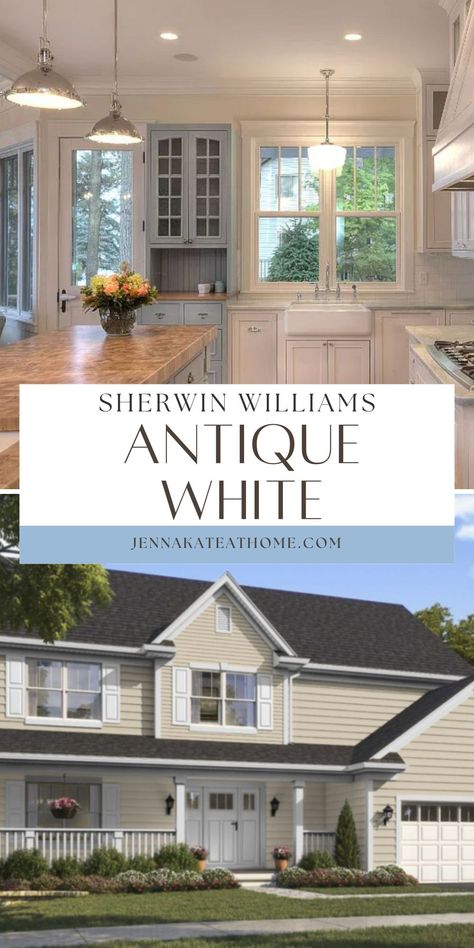 Sherwin Williams Antique White is a warm, creamy paint color that's perfect for a more traditional home. Is it the right paint color for you? Read this paint color review to find out! Antique White Paint Sherwin Williams, Sherwin Williams Antique White, Antique White Sherwin Williams, Popular Interior Paint Colors, Sherwin Williams Creamy, Antique White Paint, Antique White Cabinets, Traditional Color Palette, Antique White Paints