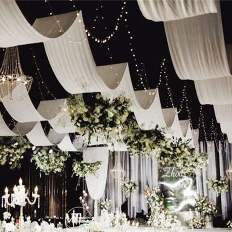 Wedding Hall Roof Decorations, Roof Wedding Decoration, White Ceiling Drapes Wedding, Ceiling Draping Wedding Reception Halls, Tent Ceiling Decorations, Draping Fabric From Ceiling, Ceiling Drapes Wedding, Drapes For Party, Ceiling Decorations Wedding