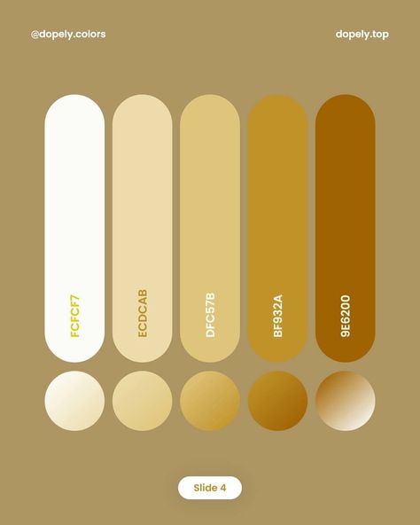 Golden Color Code, Gold Color Hex, Gold Colour Scheme, Flat Color Palette, Gradient Color Design, Website Color Palette, Pantone Colour Palettes, Color Design Inspiration, Hex Color Palette