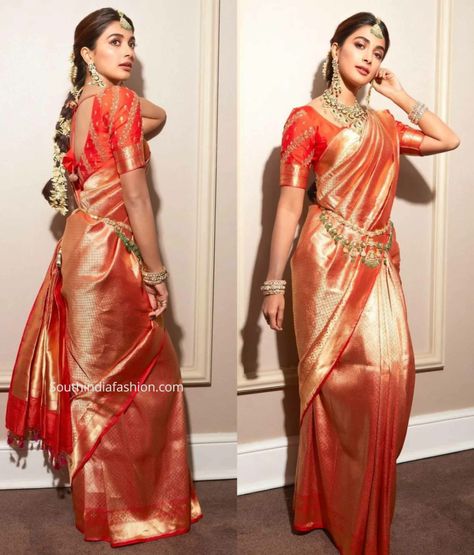 pooja hegde brother wedding pooja in kanjeevaram saree scaled Red Kanjeevaram Saree Bride, Kanjeevaram Saree Look, Kanjeevaram Blouse Designs, Orange Saree Look, Kanjivaram Saree Look, Kanjivaram Sarees Silk Bridal, Bridal Kanjeevaram Saree, Gold Kanjeevaram Saree, Pellikuthuru Function