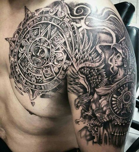 Brownpride arte Aztec Tattoos Sleeve, Aztec Warrior Tattoo, Azteca Tattoo, Mayan Tattoos, Aztec Tattoos, Cool Shoulder Tattoos, Mexican Tattoo, Aztec Tattoo Designs, Armor Tattoo