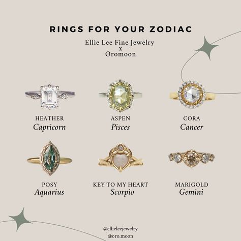 The Celestial Style. Your Zodiac sign can reveal a lot about your personality, preferences, and passion. That's why we partnered with Steph from @oro.moon (💫Astrology Dating app) to help you find the perfect ring for your star sign. 💕 Engagement Ring Based On Zodiac Sign, Symbolic Gold Rings With Zodiac Sign, Symbolic Zodiac Sign Rings, Symbolic Gold Zodiac Rings, Astrology Dates, Diamond Leaf Ring, Aquarius And Scorpio, Zodiac Rings, Green Sapphire Ring