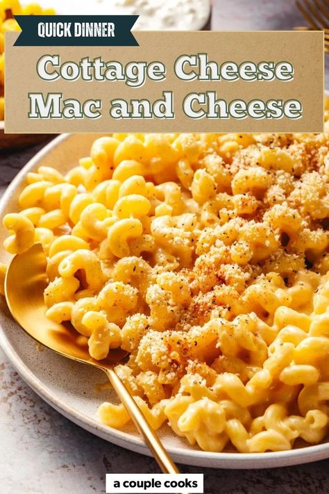 This cottage cheese mac and cheese is a protein-packed, delicious twist on the classic comfort food that's surprisingly satisfying! It's easy to whip up this creamy spin in a blender. #cottagecheese #cottagecheesemacandcheese #macandcheese #easypasta #easydinner #fastdinner #easydinnerideas #fastdinnerideas #meatlessmeal #meatlessmealideas #vegetarian #vegetariandinner #highprotein #highproteinrecipe Cottage Cheese Mac And Cheese, Healthy Mac And Cheese, Cheese Mac And Cheese, Vegan Brunch Recipes, Best Fish Recipes, Winter Salad Recipes, A Couple Cooks, Salad Dressing Recipes Healthy, Vegan Brunch