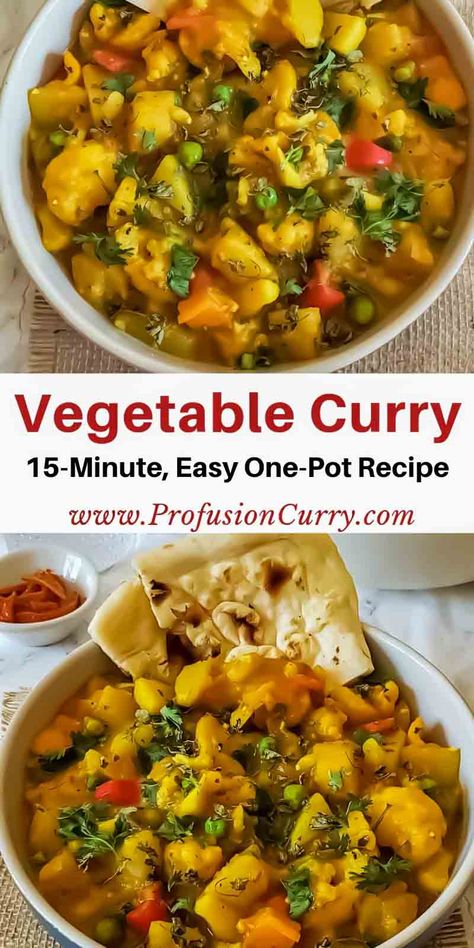 This 20-minute Easy Vegetable Curry simmers in a medley of colorful vegetables and aromatic seasoning. It makes hearty flavorful one pot meal. #vegetablecurry Vegan Vegetable Curry Recipes, Mixed Vegetable Curry Indian, Chicken Veggie Curry, Vegetable Tikka Masala Recipe, Curried Vegetables Indian, South Indian Vegetable Curry, Jamaican Curry Vegetables, Yellow Curry Vegetables, Veggie Curry Indian