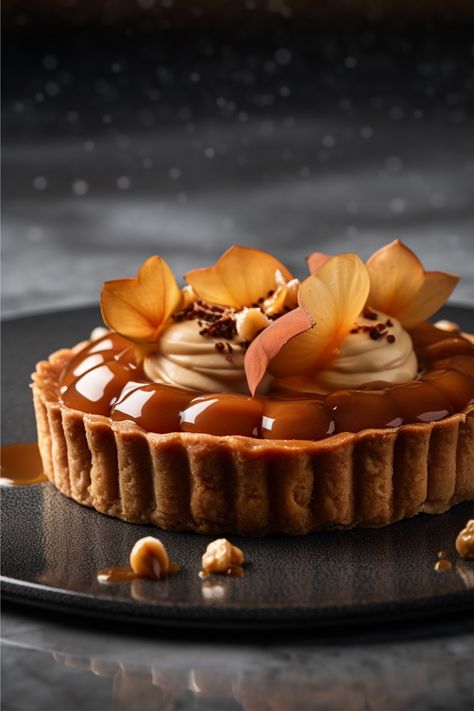 If you're a fan of sweet and indulgent desserts, then you're going to love this Dulcey apple and hazelnut caramel tart. This luxurious tart combines the rich and creamy flavors of Dulcey chocolate with the tartness of apples and the crunch of hazelnuts, all nestled in a crisp buttery tart crust. It's a showstopper dessert that's perfect for impressing guests or treating yourself. Chocolate And Apple Desserts, Fall Plated Dessert Ideas, Desserts For Guests, Acotar Dessert, Apple Caramel Tart, Autumn Tarts, Tart Decorating Ideas, Fancy Tarts, Cooking With Apples