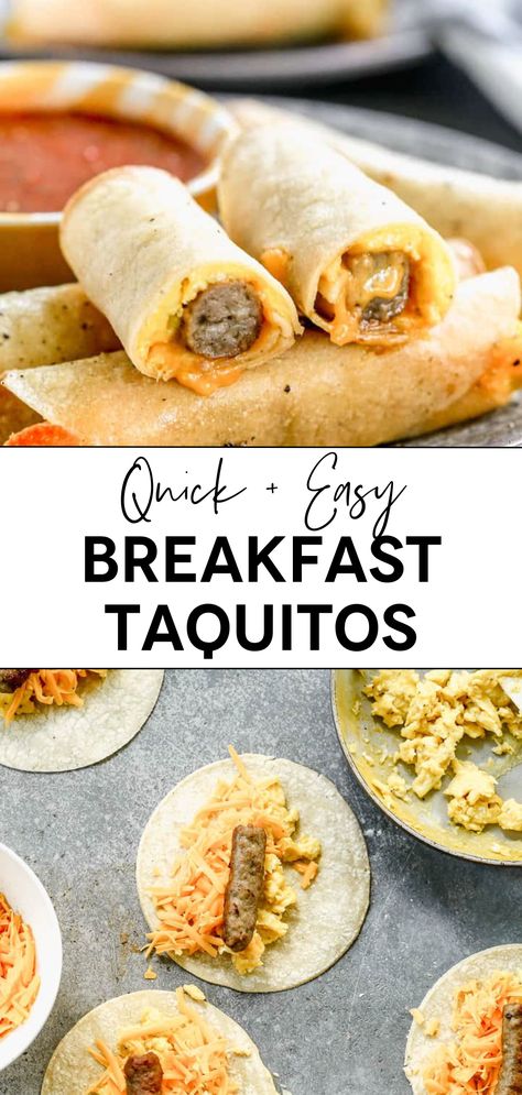 Egg-stuffed taquitos, a blend of scrambled eggs, cheese, and sausage, served as a tasty breakfast wrap, perfect for a make-ahead morning meal. Breakfast Taquitos, Cheesy Breakfast, Taquitos Recipe, Breakfast Prep, Tasty Breakfast, Breakfast On The Go, Breakfast Meal Prep, Quick And Easy Breakfast, Breakfast Brunch Recipes