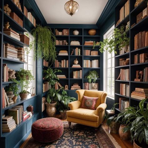 Dark Home Library Cozy, Mediterranean Bookshelves, Moody Book Nook, Bedroom Turned Library, Moody Library Office, Speakeasy Living Room, In Home Library Ideas, Dreamy Bookshelves, Cozy Home Library Reading Space