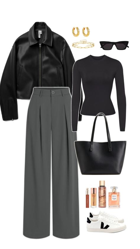 Spring outfit idea, Casual, fashion inspiration, veja shoes, grey wide leg pants, black skims dupe, leather jacket, black sunglasses, bare vanilla, coco chanel, golden jewells #ad #sponsored #affiliate Jacket - https://amzn.to/4aOTJzz Pants - https://amzn.to/3xWQfwo T-shirt - https://amzn.to/44hXACt Shoes - https://amzn.to/3UxP7YL Bag - https://amzn.to/44ivgzV Accessories - https://amzn.to/4bbRiGV https://amzn.to/4bdE5h0 https://amzn.to/3xLNXjm https://amzn.to/44evI2m https://amzn.to/4dfSN92 How To Style Grey Wide Leg Pants, Outfits With Grey Pants, Wide Pants Outfit Casual, Grey Wide Leg Pants Outfit, Grey Trousers Outfit, Grey Jacket Outfit, High Waisted Pants Work, Black Trousers Outfit, Grey Pants Outfit