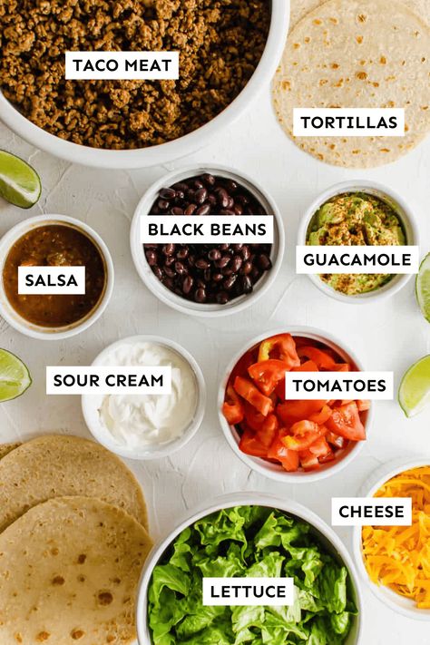 Everything you need to make your own Taco Bar at home. Delicious ingredients and practical tips on how to serve this easy dinner to your family or even a group of people. Mexican Dinner Party Decorations, Mexican Dinner Party, Bar At Home, Guacamole Salsa, Dinner Party Decorations, Party Food Buffet, Green Salsa, Mexican Dinner, Cilantro Lime Chicken