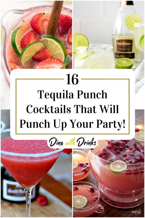 Collage of 4 tequila punch cocktails. Tequila Punch Recipes Parties, Refreshing Tequila Cocktails, Tequila Punch Recipes, Punch Cocktail Recipes, Spiked Punch Recipes, Adult Punch Recipes, Tequila Punch, Party Punch Alcohol, Cocktail Recipes Tequila