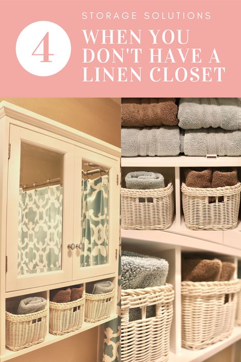 Where do you store sheets and towels when there's no closet for them? Creative linen closet storage ideas and hacks when you don't have a linen closet! What To Do When You Don’t Have A Linen Closet, Where To Store Linens Without A Closet, Towel Storage No Linen Closet, How To Store Towels With No Linen Closet, How To Store Linens Without A Closet, No Linen Closet Solutions Bathroom, Linen Storage Ideas No Closet, Linen Closet Storage Ideas, No Linen Closet Solutions