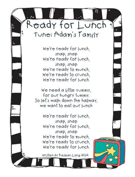 Lunch Song to the Adam's Family Song  Love this idea! Classroom Chants, Transition Songs For Preschool, Preschool Transitions, Toddler Songs, Transition Songs, Transition Activities, Circle Time Songs, Kindergarten Songs, Classroom Songs