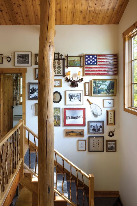 A Rustic Cabin at the Edge of a Willow-Lined Stream Embraces Eclectic Design - Mountain Living Cabin Staircase, Adirondack Camp, Wyoming Landscape, Built In Banquette, Black Forest Decor, Cozy Breakfast Nook, Elk Antler, Wicker Dining Chairs, Fishing Flies