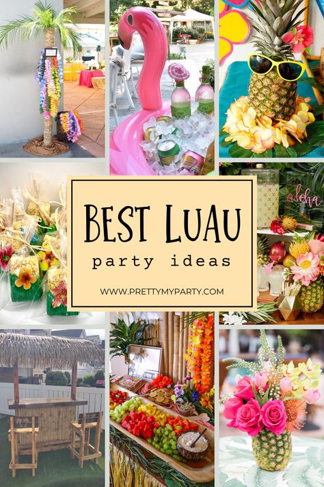 Fabulous Luau Party Ideas (You'll Want To Steal) – Pretty My Party Tiki Luau Party Ideas, Fancy Hawaiian Party, Loua Party, Ideas For Hawaiian Party, Tropical Themed Party Ideas, Hawaiian Themed Parties, Tropical Luau Birthday Party, Teen Luau Party Ideas, Outdoor Luau Party Ideas