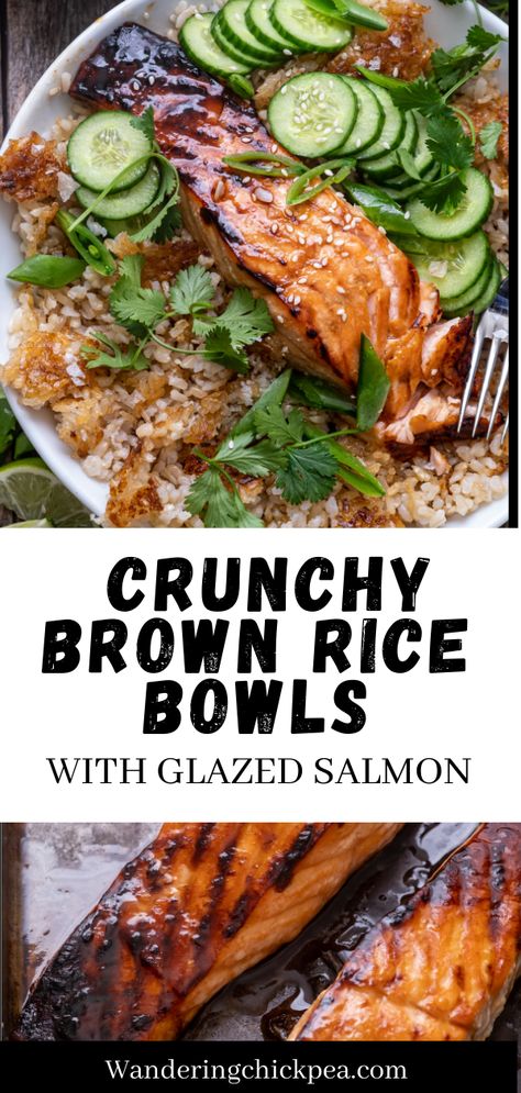 These brown rice bowls are the perfect healthy lunch or weeknight dinner, with crispy brown rice, oven baked salmon and a creamy tahini dressing. Completely dairy free, gluten free and pescatarian, these brown rice bowls are nourishing, satisfying and easy to make any night of the week. Gluten And Dairy Free Bowls, Pescatarian Dairy Free, Vegetarian Recipes Dinner Dairy Free, Gluten Free Lunch Meal Prep For The Week, Healthy Recipes Gluten Free Dairy Free, Healthy Gluten Free Meal Prep Lunch, Salmon Bowls Healthy Dinners, Dairy Free Rice Bowls, Healthy Dinner Recipes For Family Dairy Free