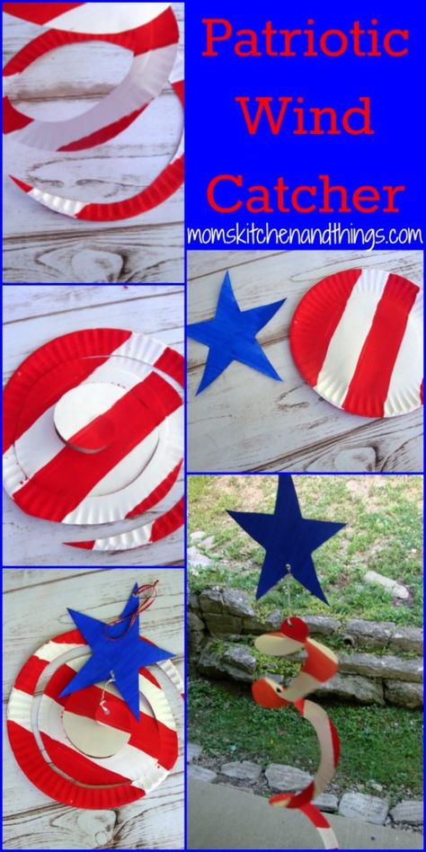 Patriotic Paper Plate Wind Catcher - Crafty Morning Fourth Of July Crafts For Kids, Patriotic Diy, Wind Catcher, 4th July Crafts, Patriotic Crafts, Daycare Crafts, July Crafts, Camping Crafts, Blue Stars